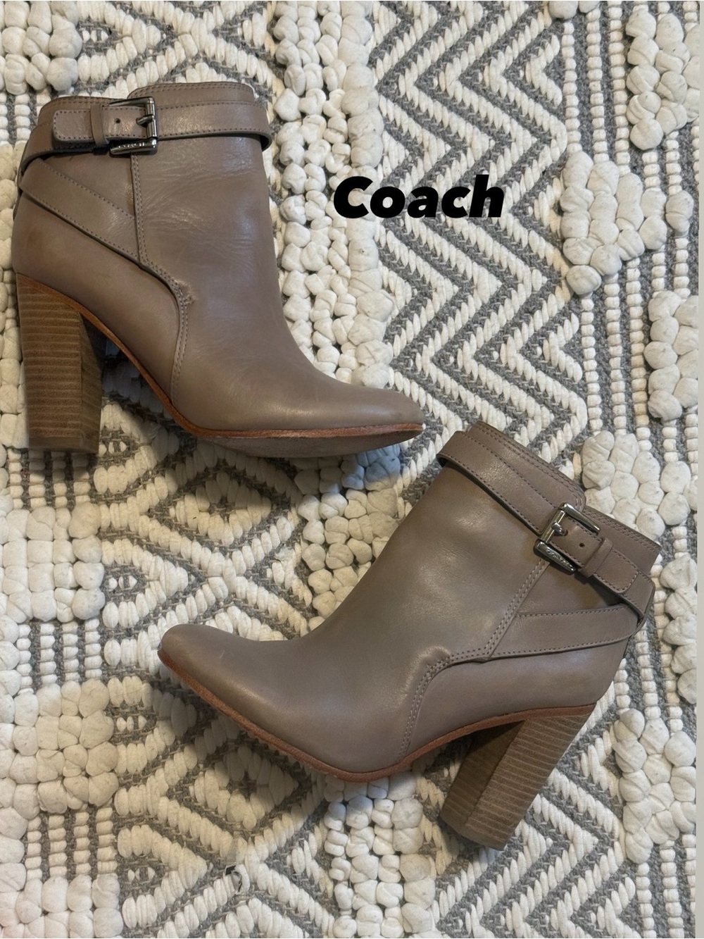 Coach Taupe Leather Buckle Strap Ankle Booties